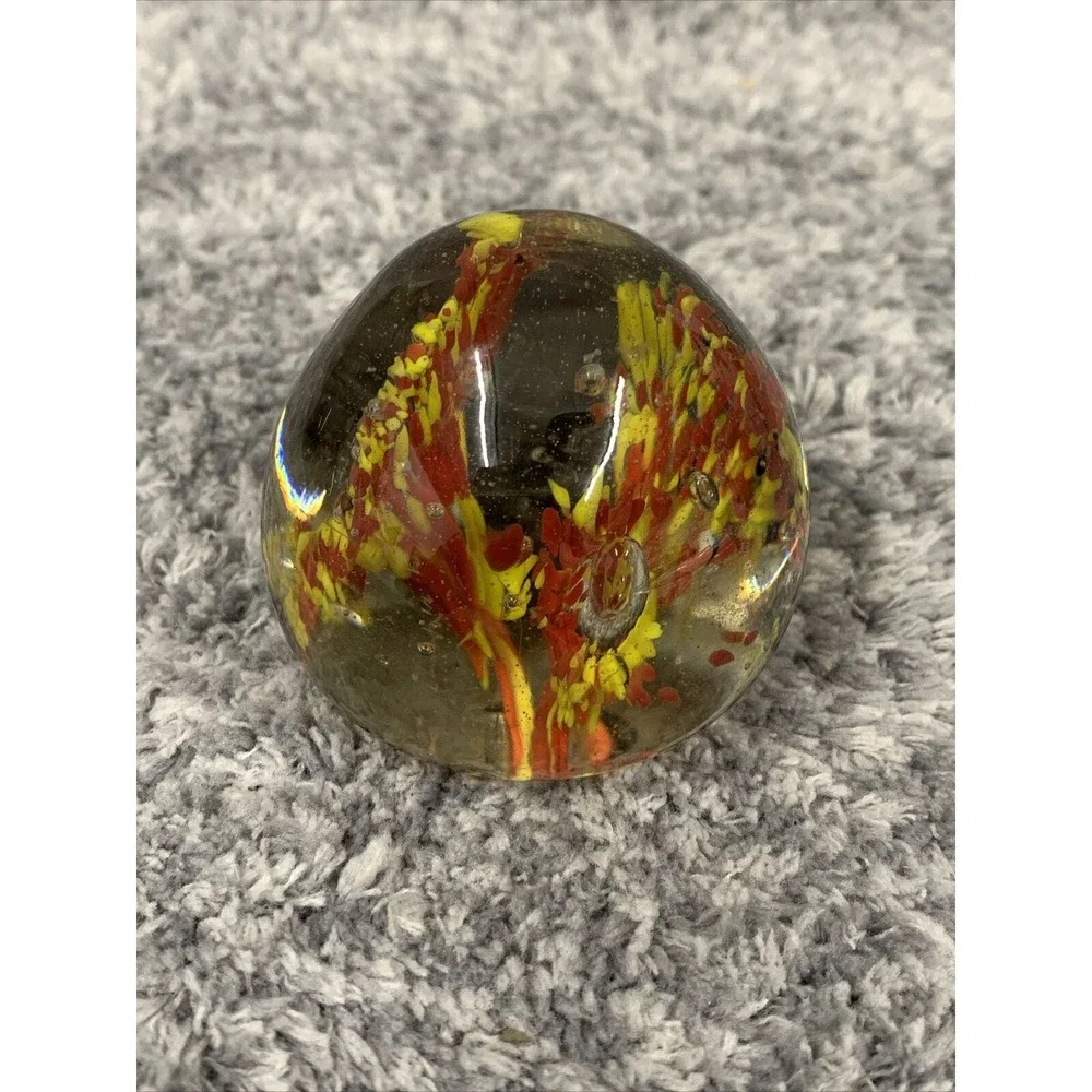 4 Hand Blown Art Glass Paperweight Bubble Sphere Yellow‎ Orange Blue Red